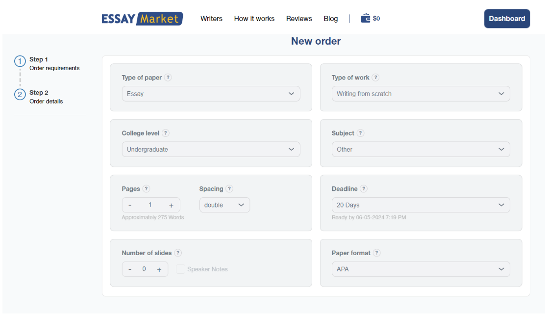 Essaymarket order form
