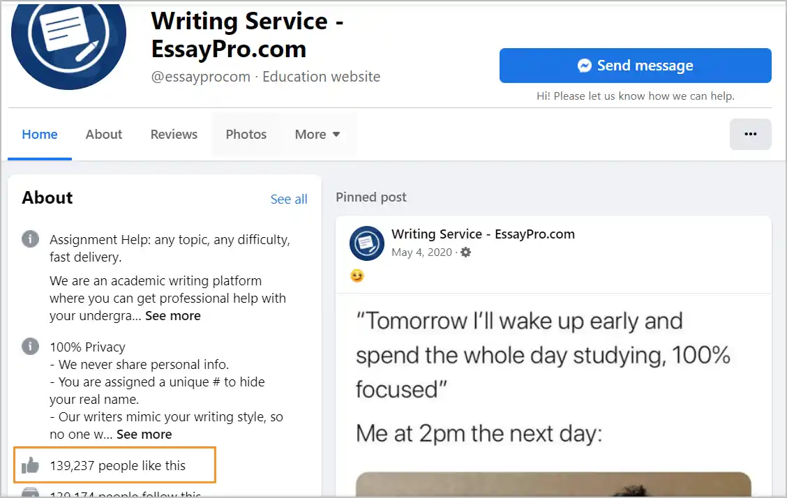 EssayPro Facebook page