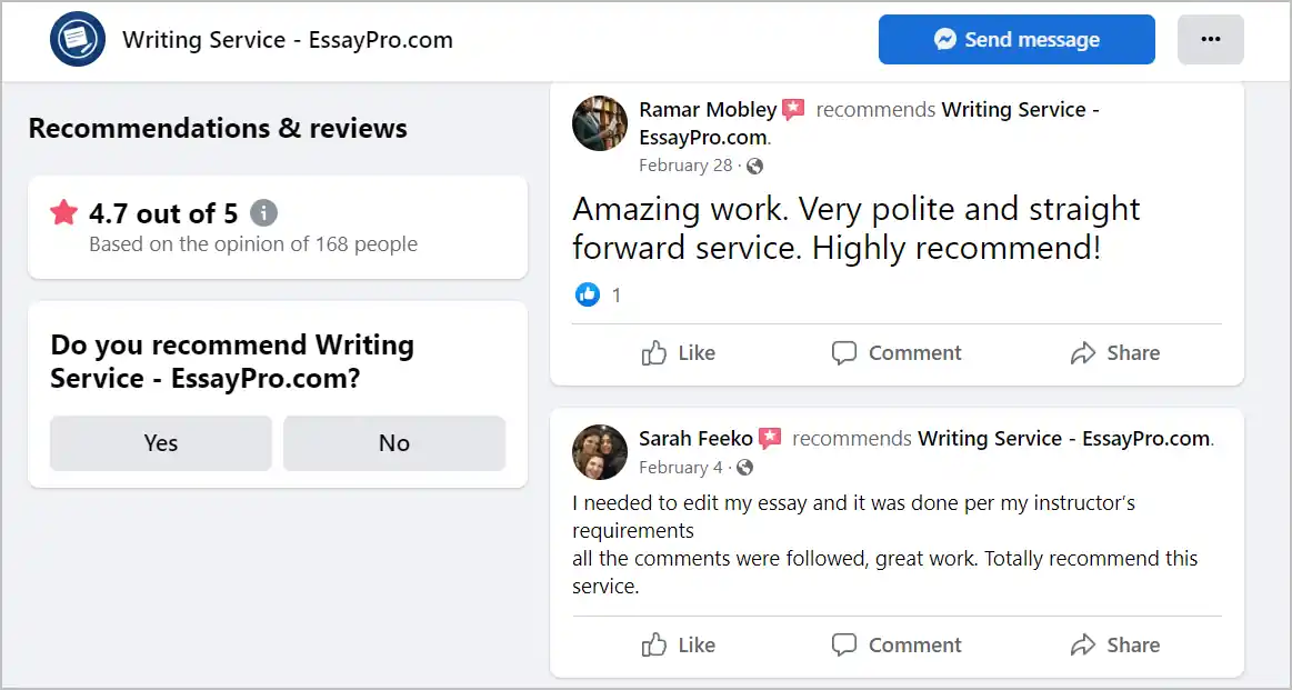 EssayPro reviews on Facebook