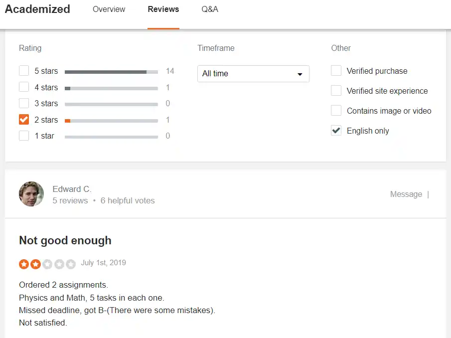Academized reviews on Sitejabber