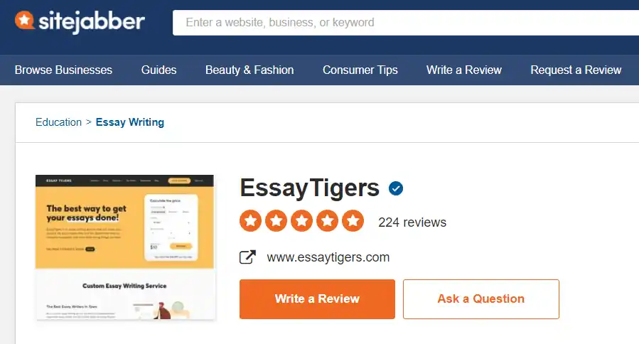 Essaytigers reviews on SiteJabber