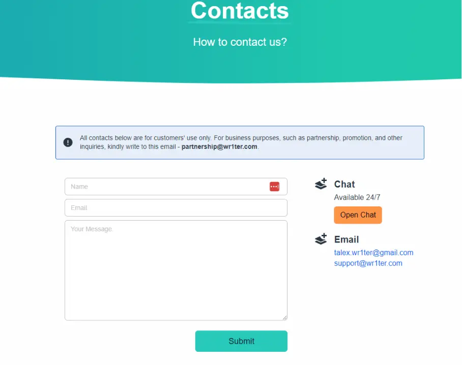 Wr1ter customer support