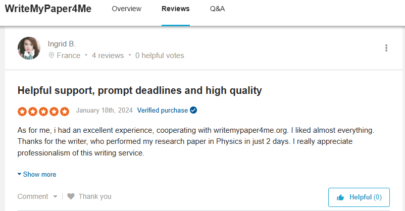 WriteMyPaper4me reviews on Ingrid