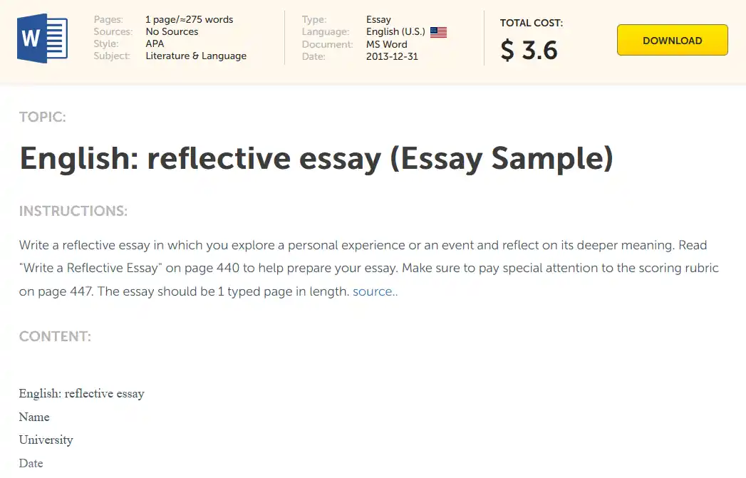 EssayZoo reflective essay sample