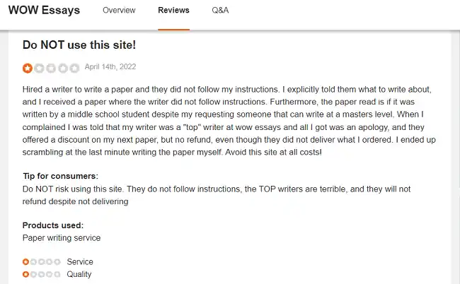 Wowessays reviews on SiteJabber
