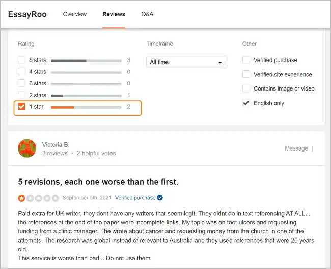 EssayRoo negative review on SiteJabber
