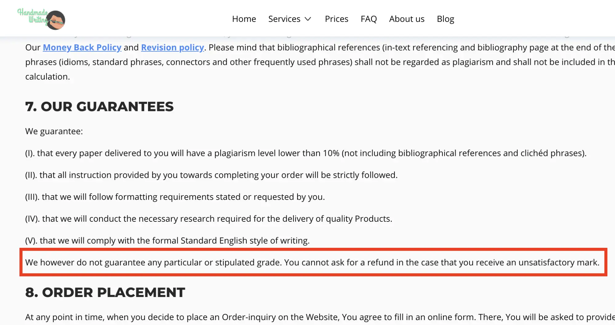 HandMadeWriting guarantees