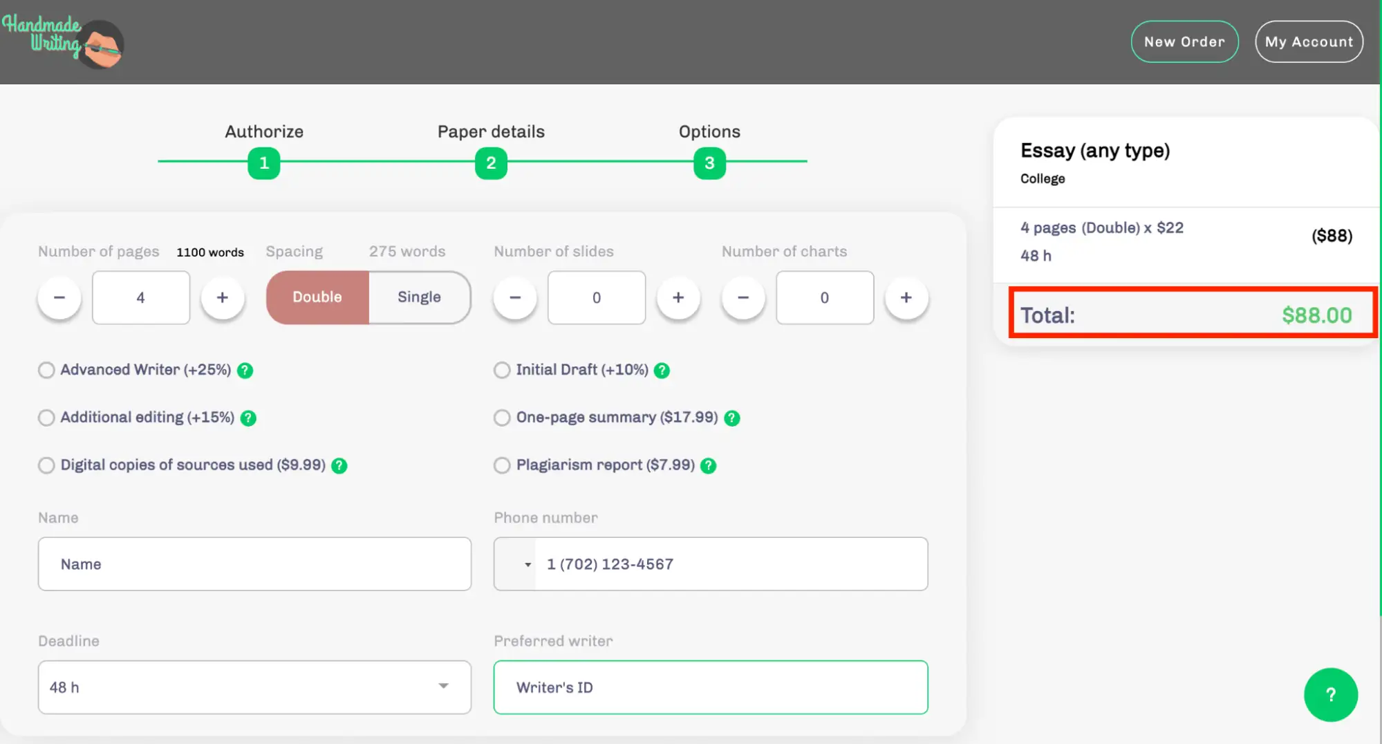 HandMadeWriting order form