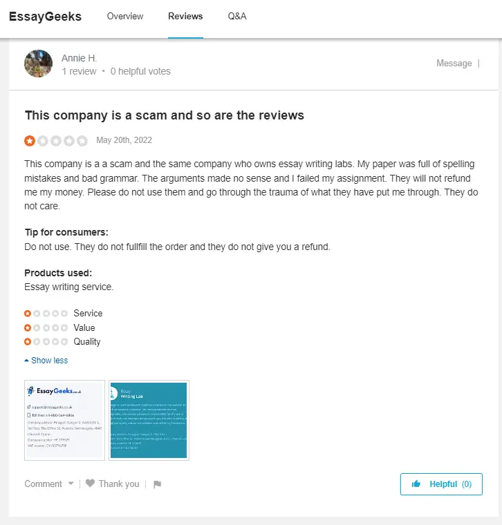 Reviews on Essaygeeks at Sitejabber