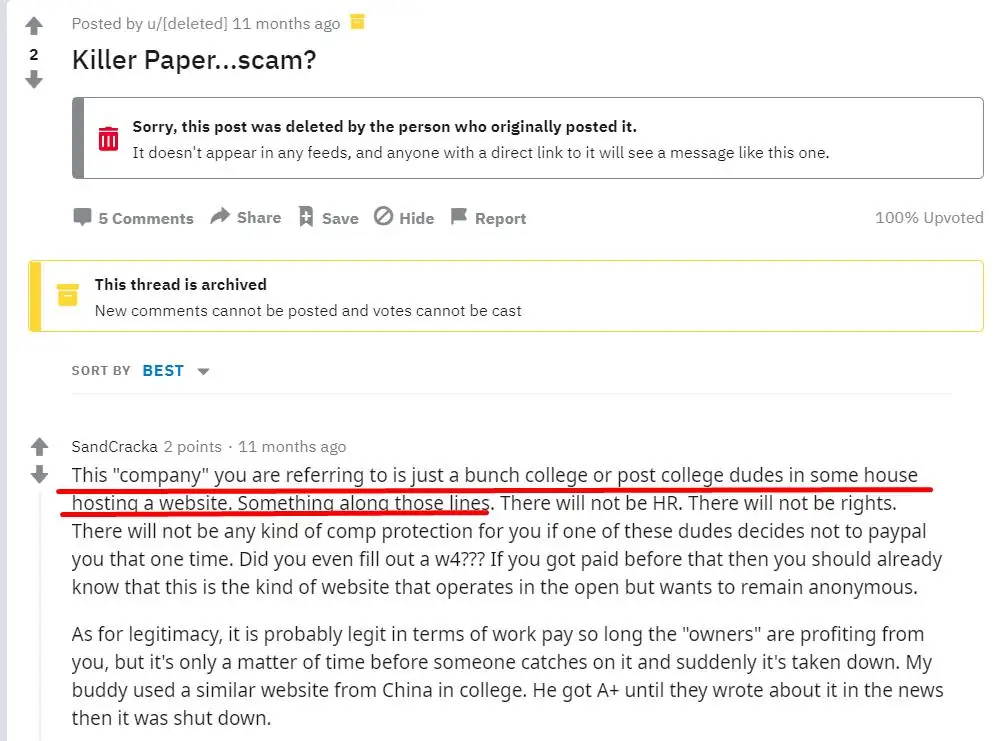 KillerPapers Reddit feedback