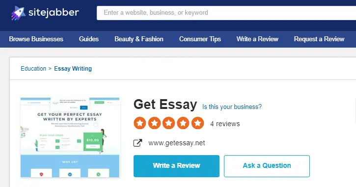 Getessay Review on SiteJabber