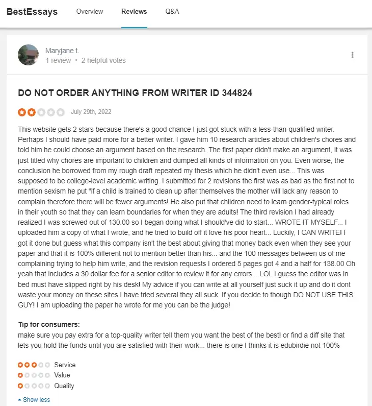 Reviews on Bestessays at Sitejabber