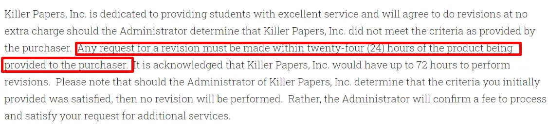 KillerPapers revision policy