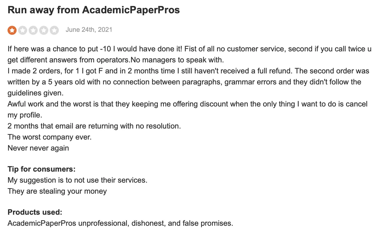 AcademicPaperPros negative reviews on Sitejabber