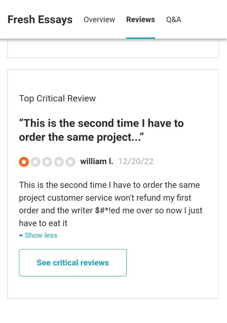 FreshEssays negative review on Sitejabber