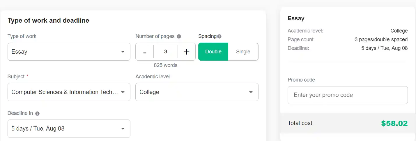 type of work and deadline