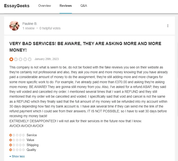 Essaygeeks review on Sitejabber