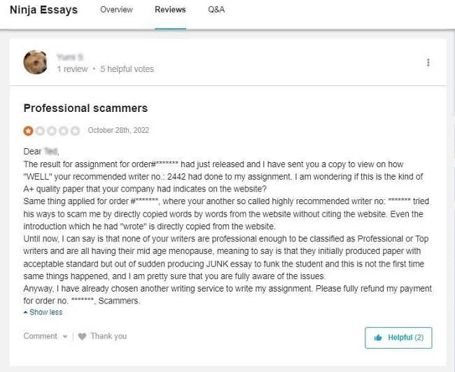 SiteJabber's review on NinjaEssays