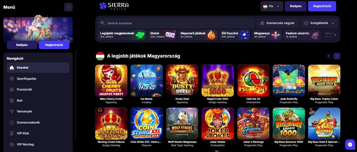 A Sierra kaszinó játékkínálata A Sierra kaszinó játékkínálata