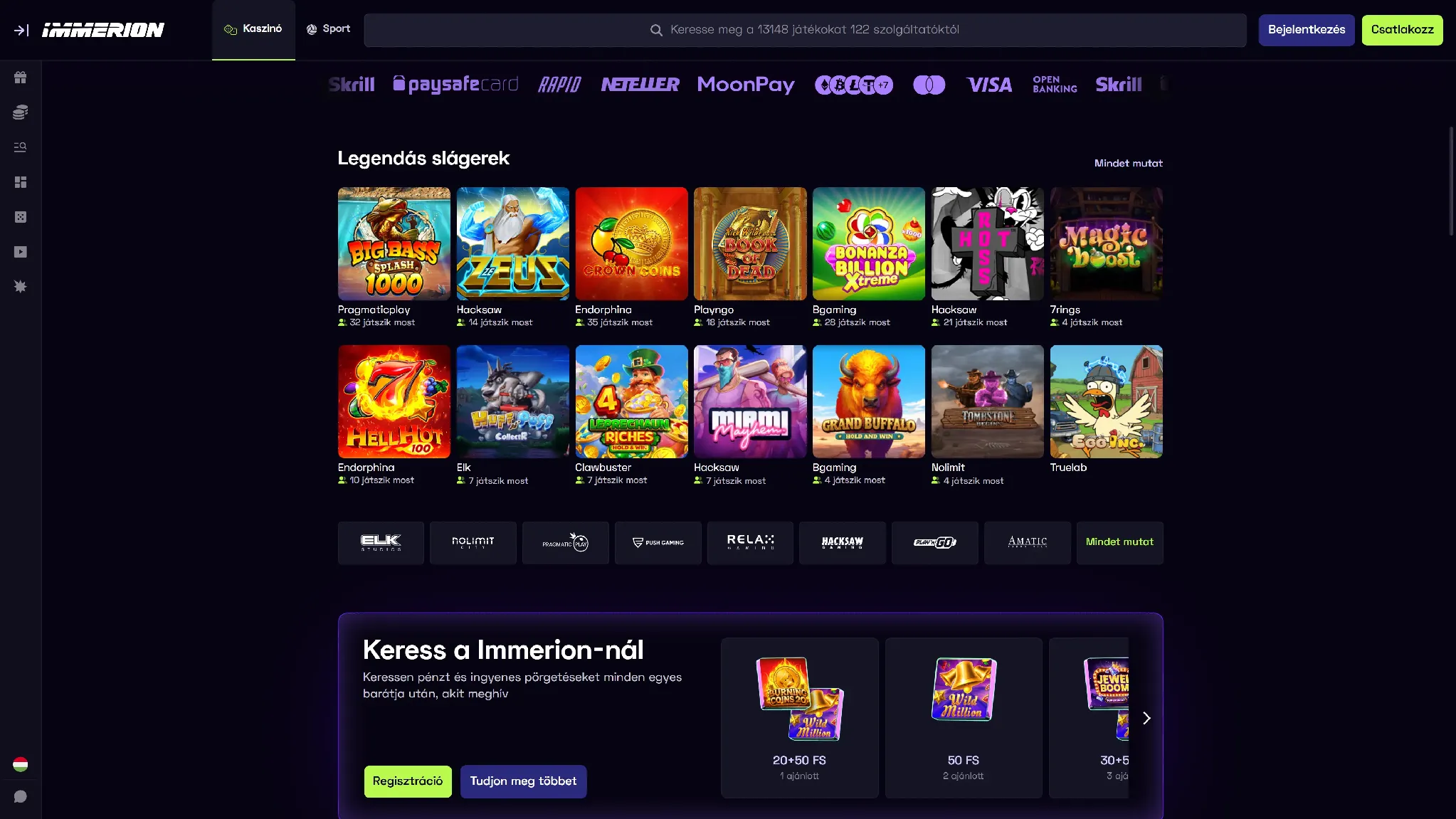 Az Immerion Kaszinó honlapja és felülete
