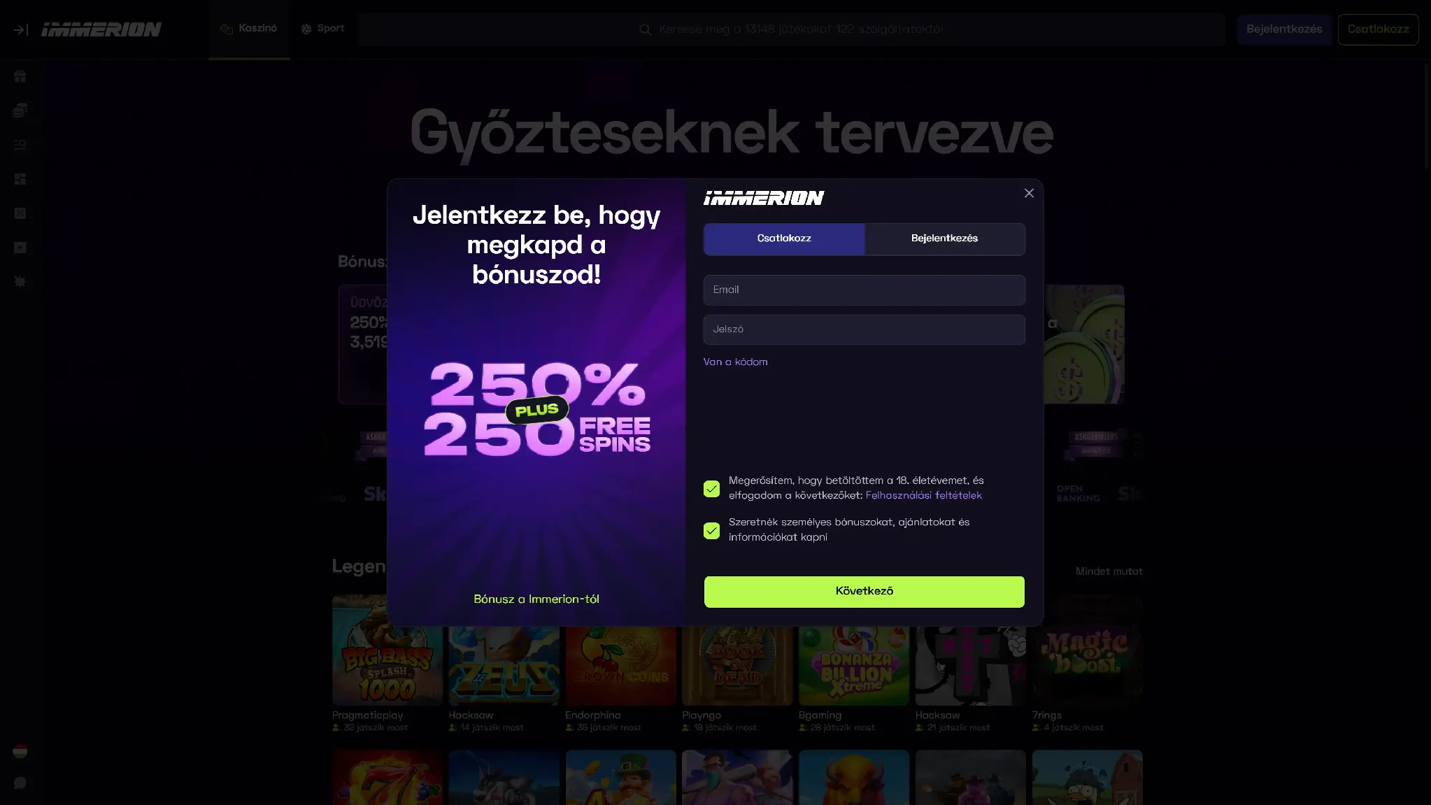 Az Immerion Kaszinó regisztráció második lépése