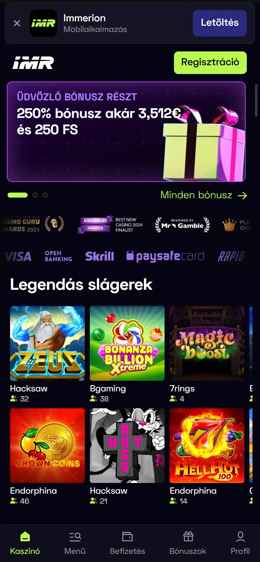 Az Immerion Kaszinó mobil felülete
