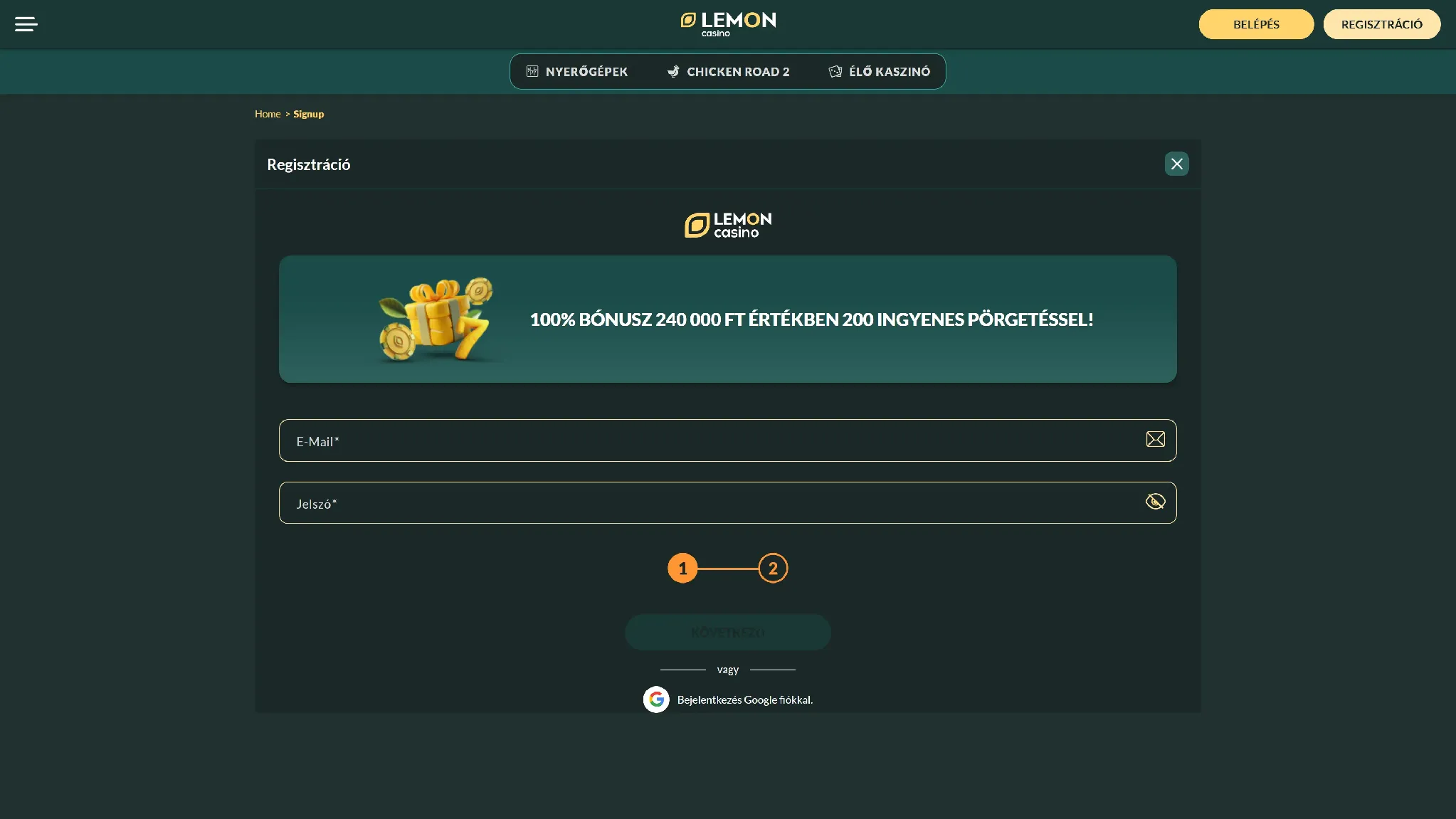 A Lemon Kaszinó regisztráció második lépése A Lemon Kaszinó regisztráció második lépése