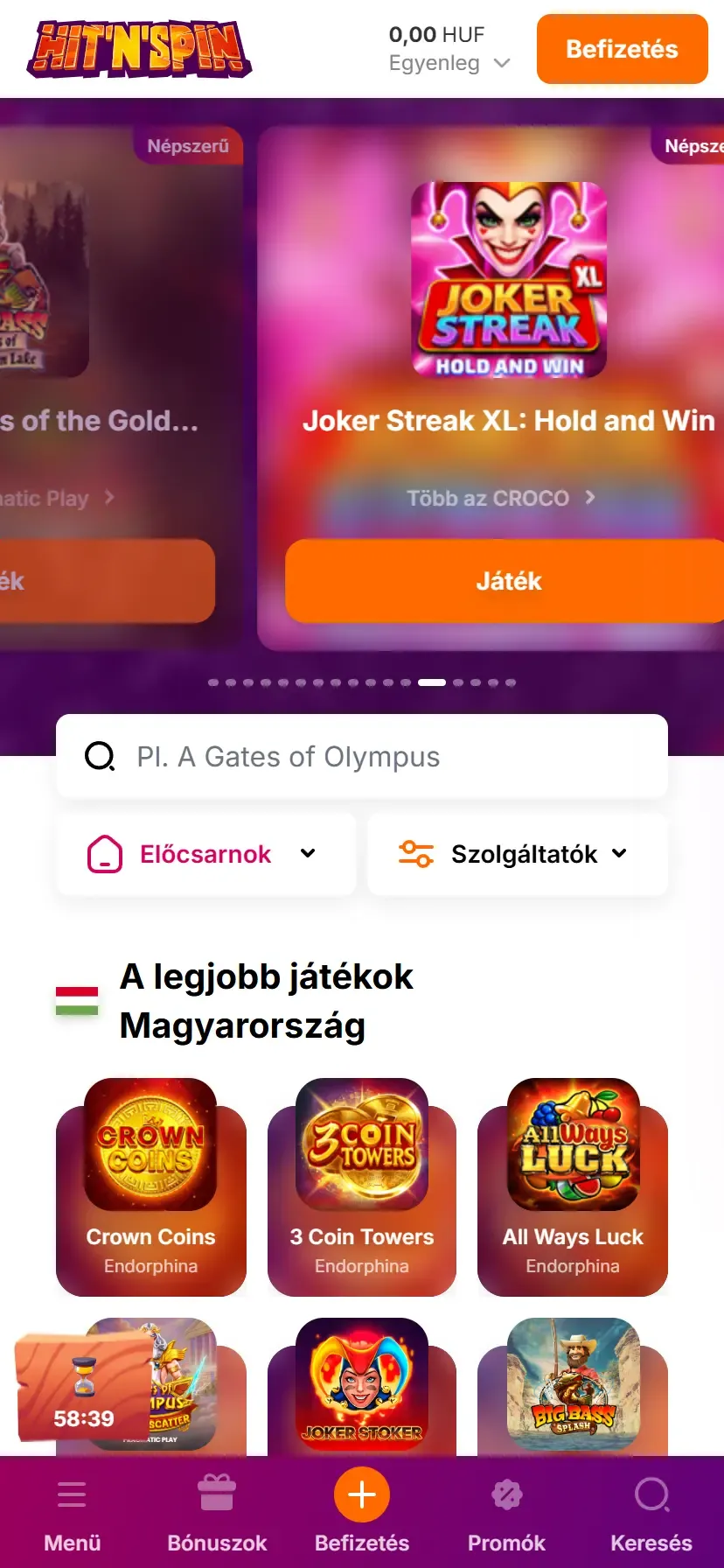 A HitNSpin Casino mobil felülete A HitNSpin Casino mobil felülete