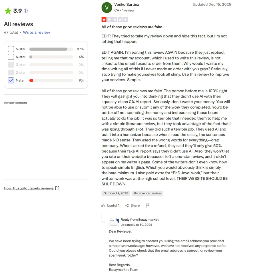 EssayMarket rating on Trustpilot