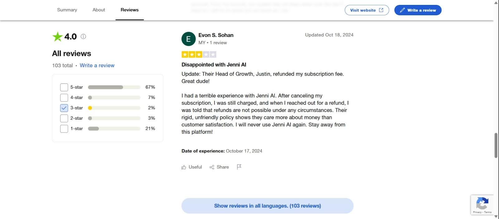 Jenni AI customer review