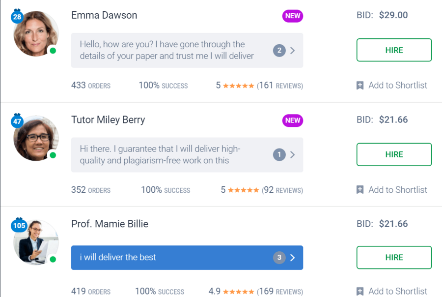 Writers' profiles with previous orders details