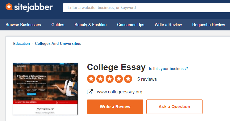 CollegeEssay review on Sitejabber