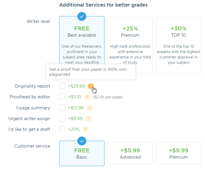 Additional services' prices