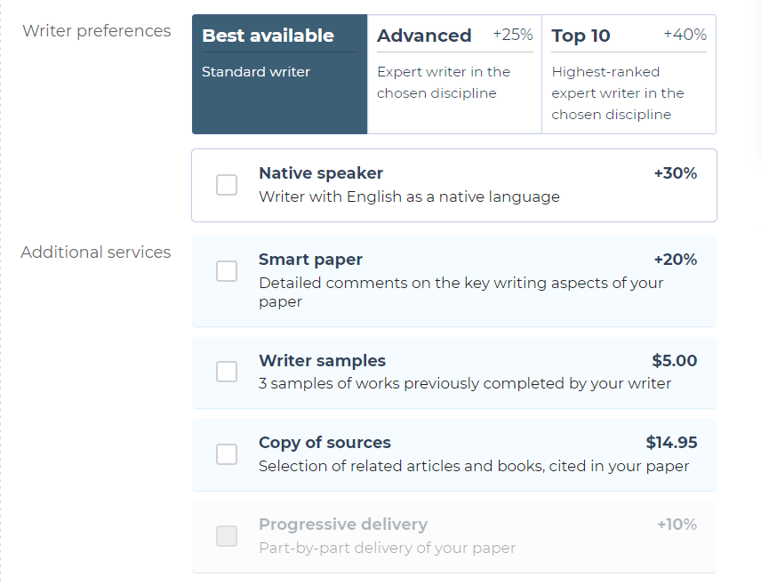 Writer preferences' and additional services' prices