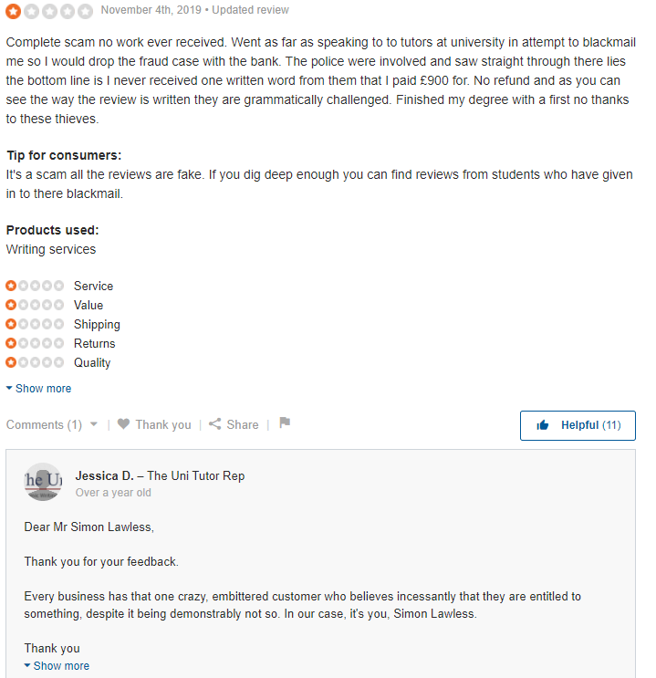 TheUniTutor review on Sitejabber