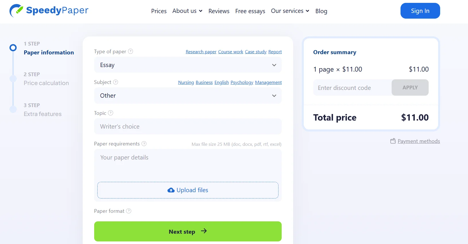 SpeedyPaper ordering process