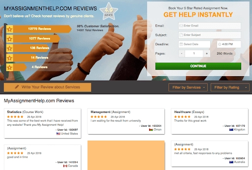 Myassignmenthelp reviews placed on the website