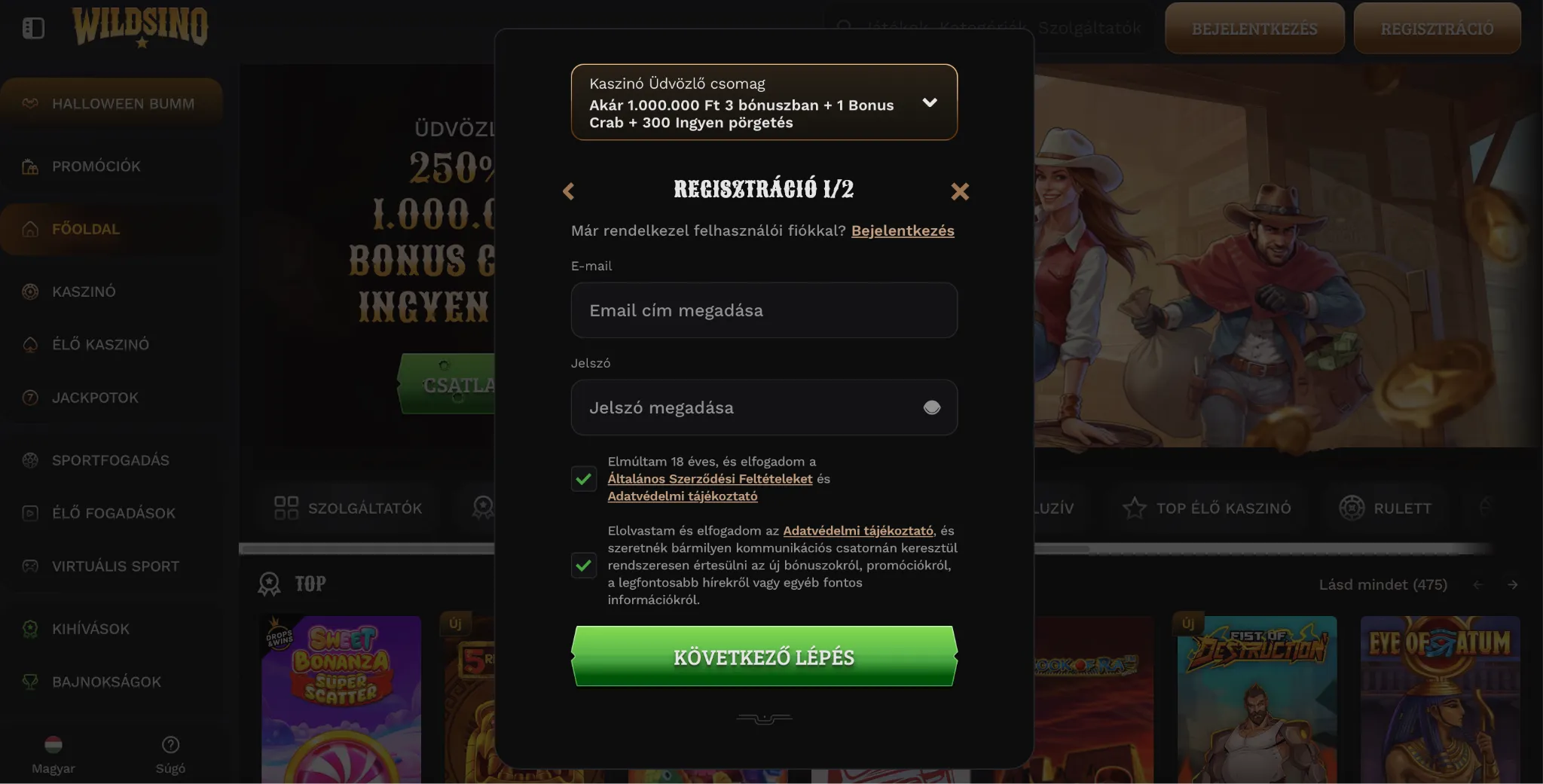 Regisztr&aacute;ci&oacute; a Wildsino oldal&aacute;n