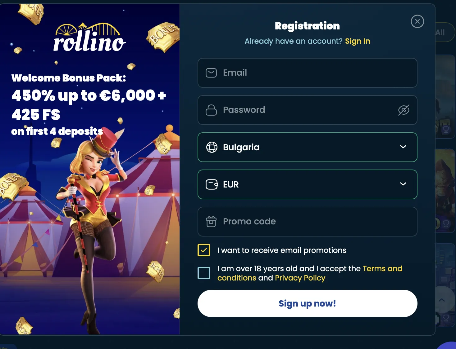 Регистрация в Rollino Казино