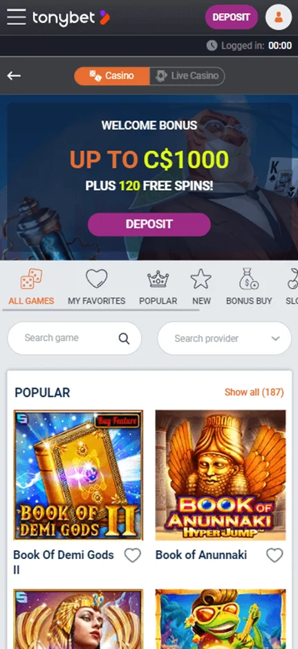 Tonybet Casino Mobile und App