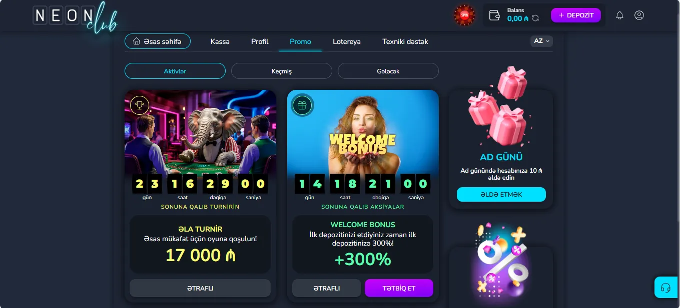 NeonClub Bonus və Aksiyaları