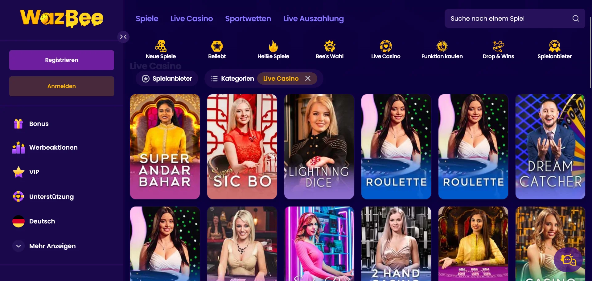 Vielfältiges Spielangebot von Wazbee Casino