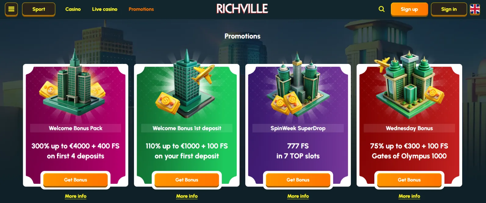 Προσφορές και μπόνους Richville Casino