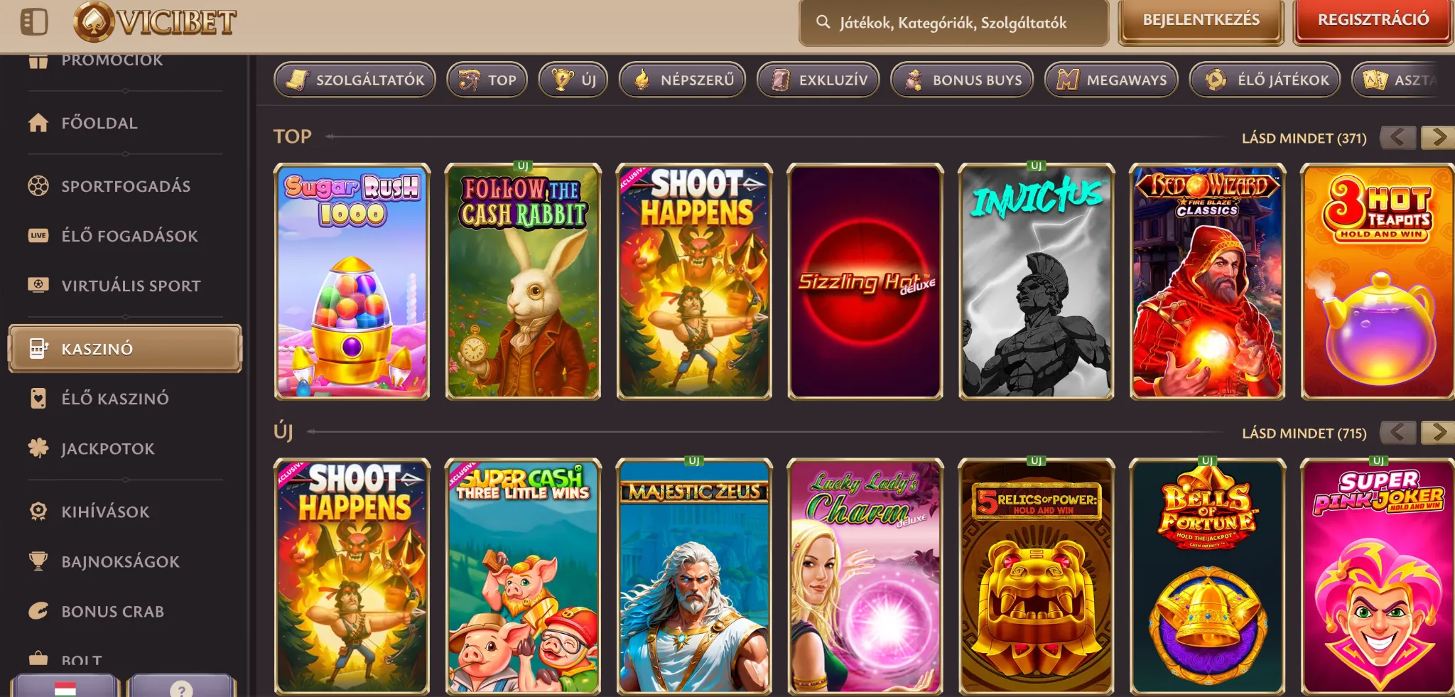 A ViciBet Kaszin&oacute; J&aacute;t&eacute;kok K&iacute;n&aacute;lata
