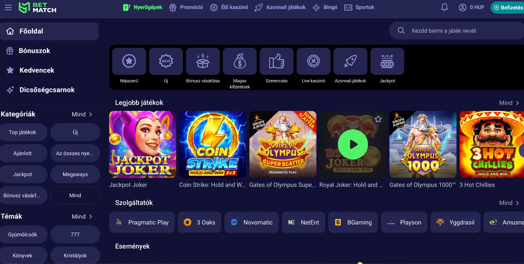 A Bet-Match Kaszinó Játékok Kínálata