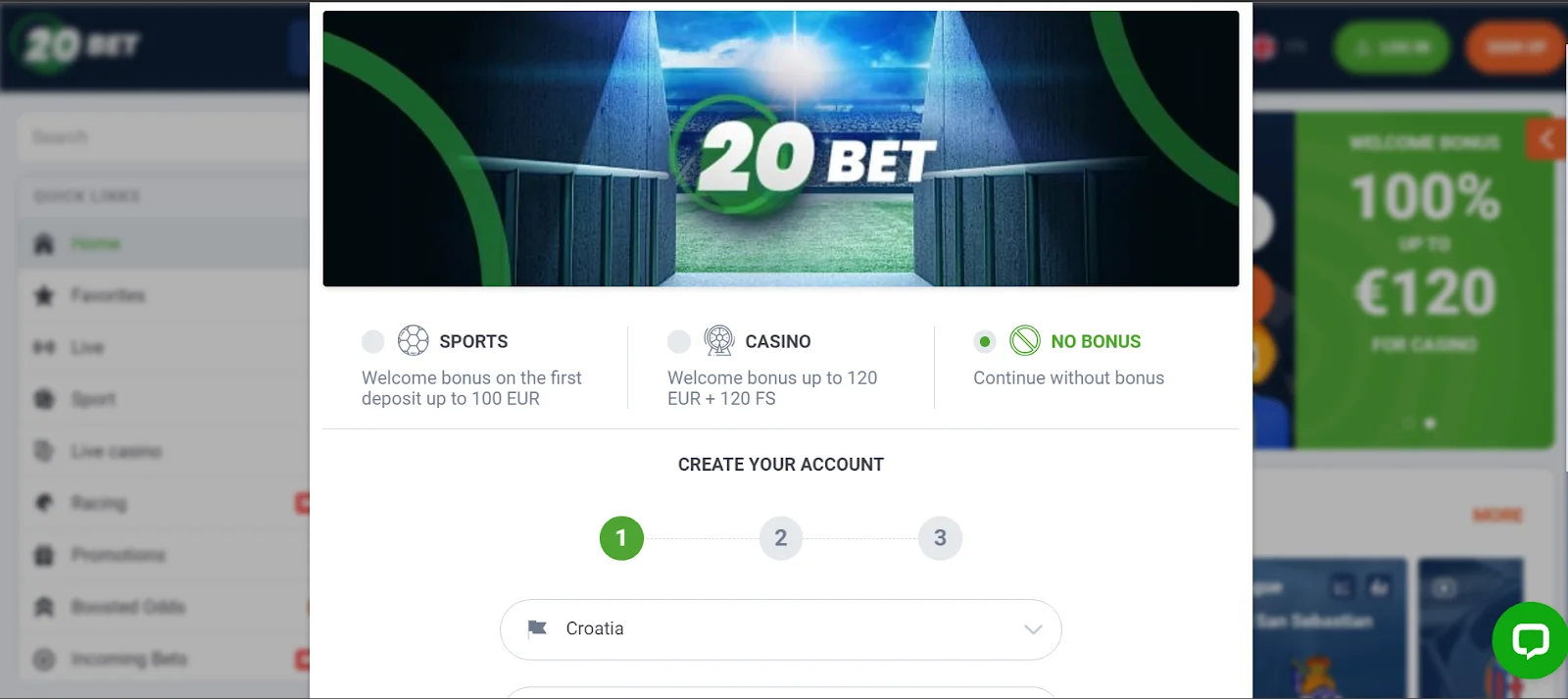 20Bet casino snimka zaslona