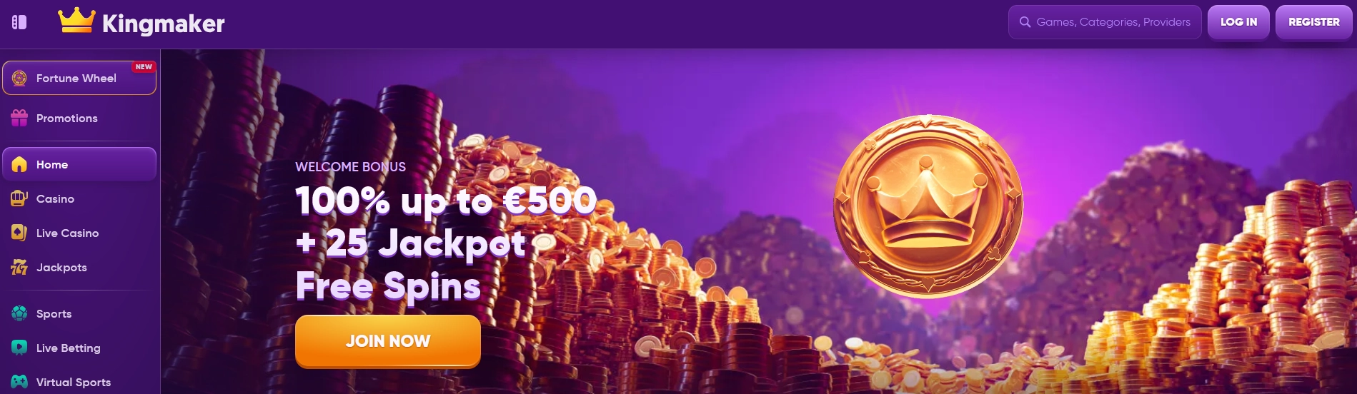 Screenshot of Kingmaker casino online lobby showcasing game categories