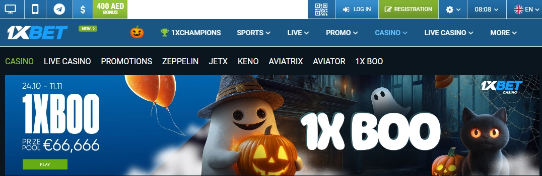 Interface da plataforma 1xbet mostrando a seção de jogos de casino e apostas desportivas