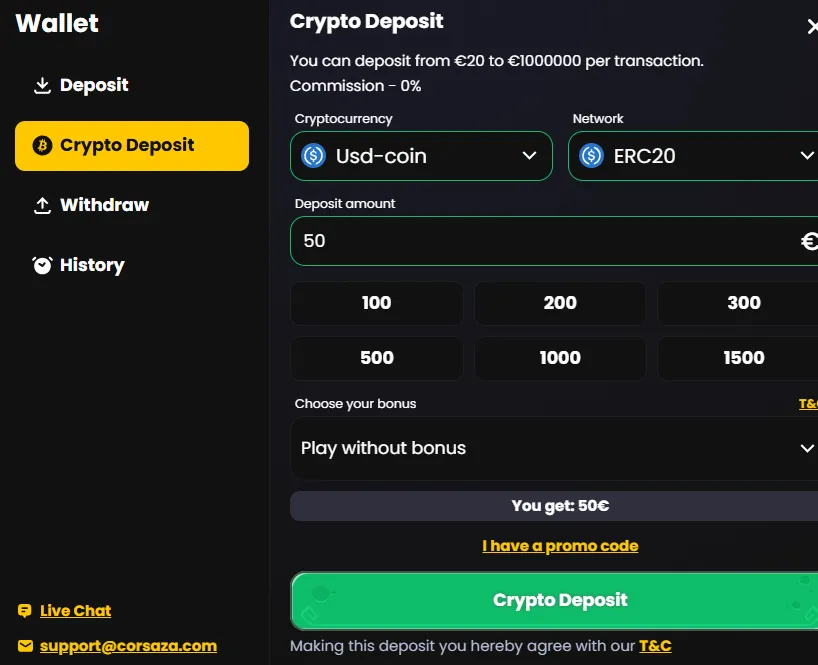 Corsaza Casino mokėjimo būdai
