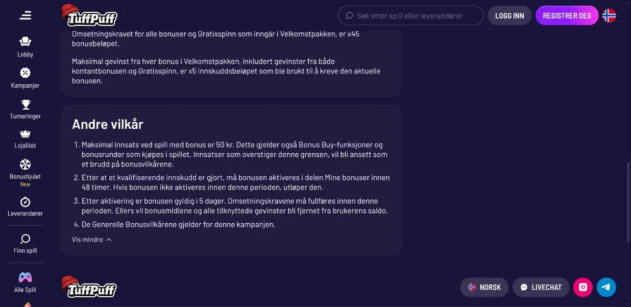 Velkomstvilk&aring;rene viser innsatsgrense og tidsfrister.